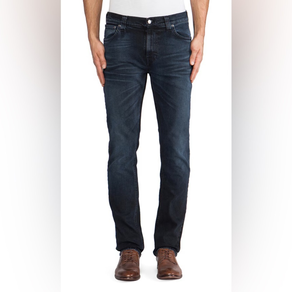 Nudie Jeans Mens Size 38 X 33 Thin Finn Dark Wash Stretch In Org Blue Core
